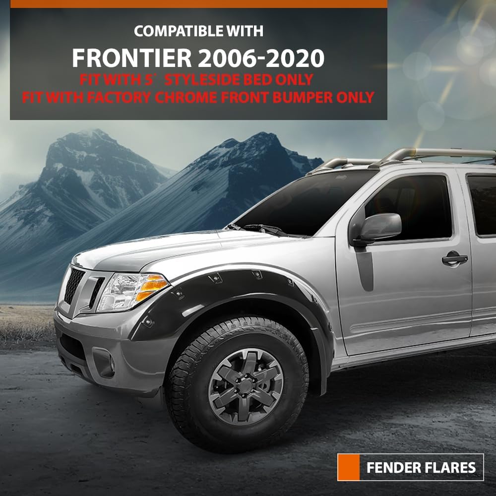 4PCS Fender Flare Compatible with Nissan Frontier 2006-2020, Fit 5' Styleside Bed & Factory Chrome Front Bumper Only Black