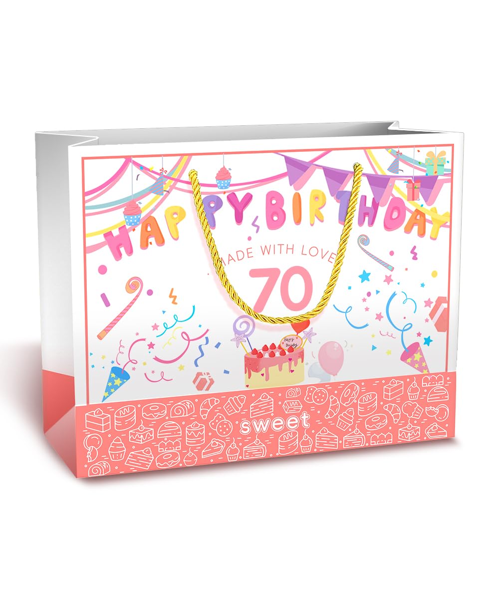 BOPLYBAY Age 70 Birthday Gift Bag with Card & Tissue Paper, 70th Birthday Party Gift Bag for Girls, Cute Ready-to-Use Gift Packaging