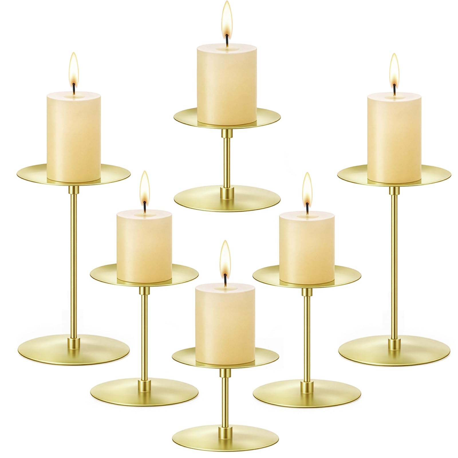 Elsjoy Satz von 6 Stumpenkerzenhalter, Metall Stumpenkerze Stand Modern Candle Holders, Kamin Kandelaber Set für Home Decor, Tisch Centerpiece, Hochzeit, 3 Größen (Gold)
