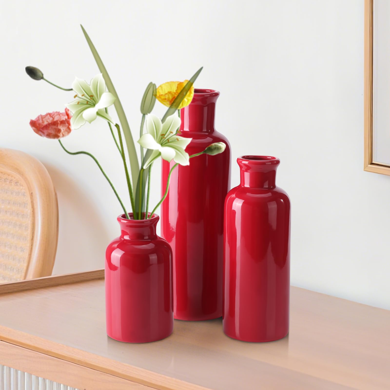 Rote Keramikvase, 3er-Set, Boho-Blumenvase, Raumdekoration, Bauernhaus-Dekor, Vasen für Ihre Küche, Badezimmer, Schlafzimmer, Wohnzimmer, Büro und Regal, Tafelaufsatz, Tischdekorationen