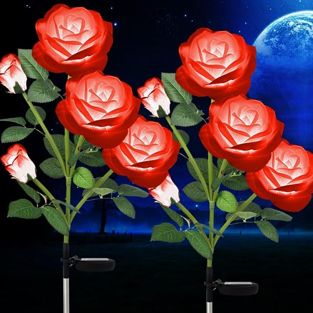 HELESIN Solar Lights Outdoor Garden, 2 x Waterpoof Solar Garden Ornaments, Solar Garden Flower Lights, Solar Rose Lights for Garden, Yard, Patio, Pathway, Weddings and Marriage proposals (Red)