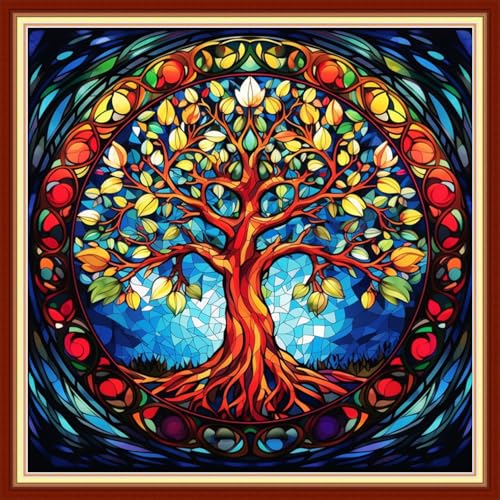 Image of Foxdiviy Stamped Cross Stitch Kits for Beginners Full Range of Cross Stitching 11 CT Printed Cross Stitch Kits for Adults Cross Stitch Patterns Needlepoint Kits-Magic Tree 18x18 inch