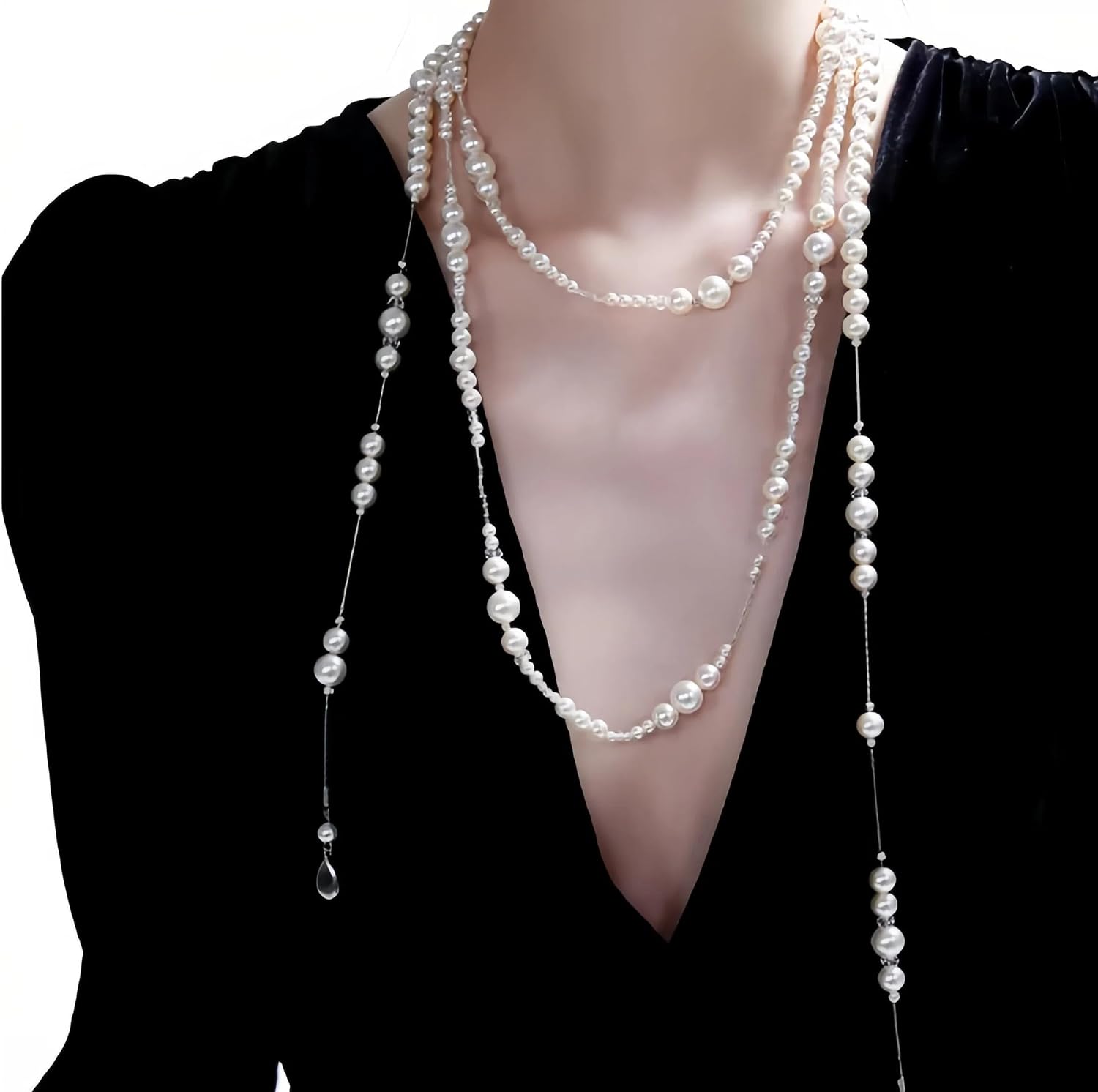 Long Pearl Necklaces for Women, Multi-Strand Layered Pearl Necklace