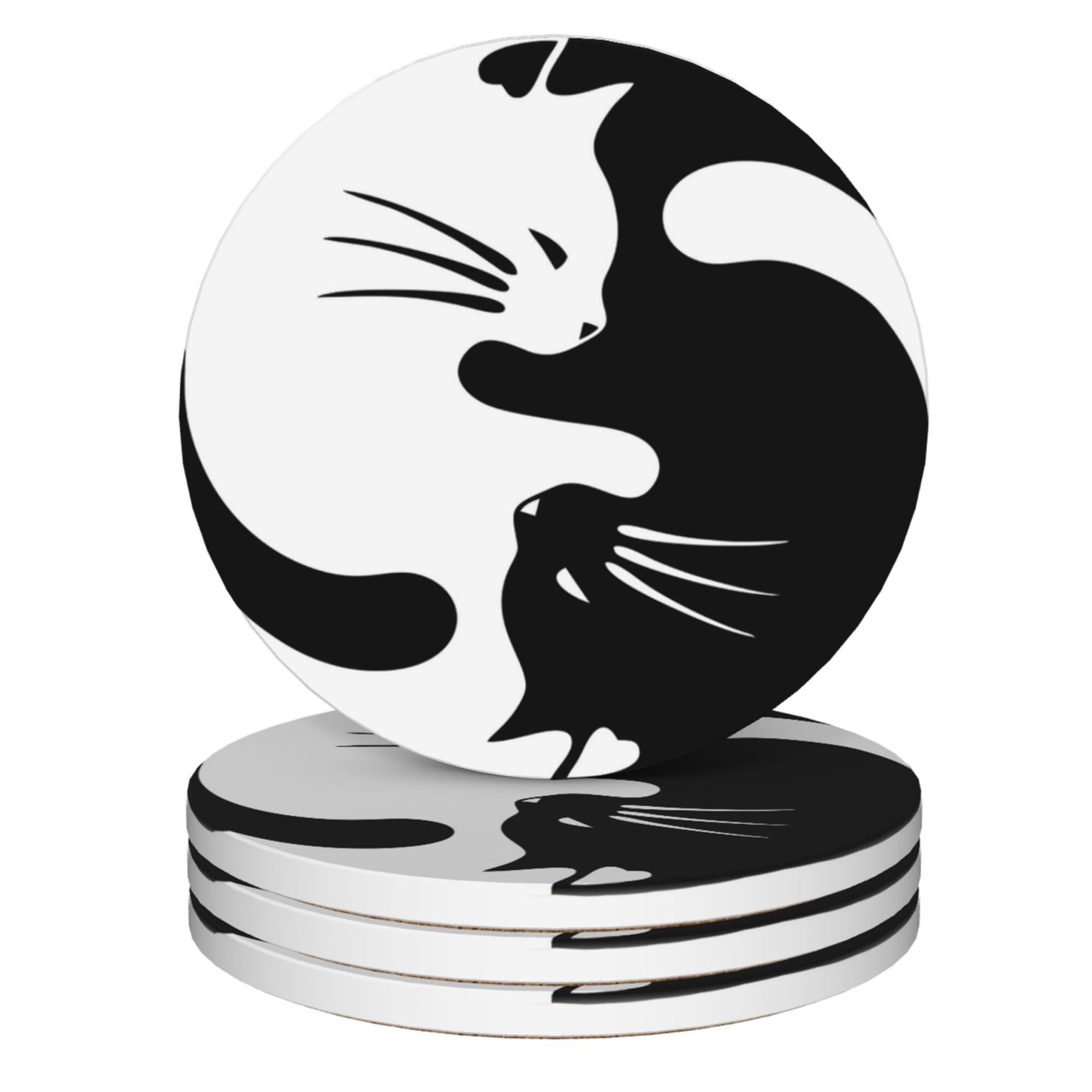 Coasters for Drinks,Black and White Cat Ying Yang Absorbent Coaster Set of 4 with Cork Base,Ceramic Drink Coasters for Cold Drinks Wine Glasses Cups Mugs,Housewarming Gifts for Home Decor