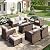 MIXPATIO Patio Furniture Set, 8 Pcs Wicker Rattan Outdoor Conversation Set, 4 x Leg Chairs, 1 x 3 Seater Sofa and 2 x Ottoman with 4" Thick Cushion and 56" Fire Pit Table, Beige