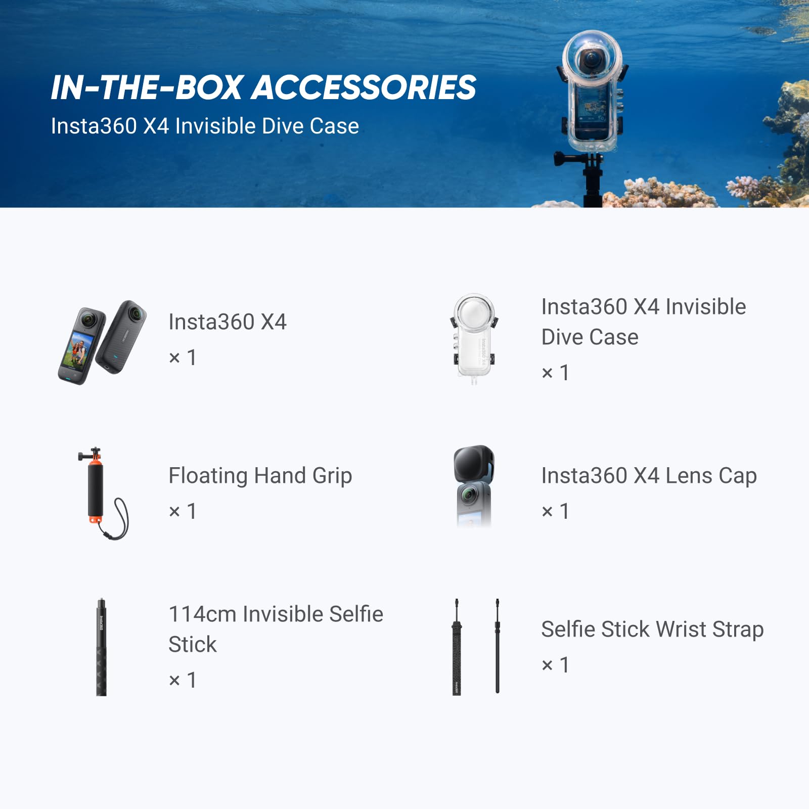 Insta360 X4 Unsichtbares Tauch-Bundle – 8K 360°-Action-Cam, wasserdicht, 4K Weitwinkel, Selfie-Stick, Linsenschutz, 135 min Akku