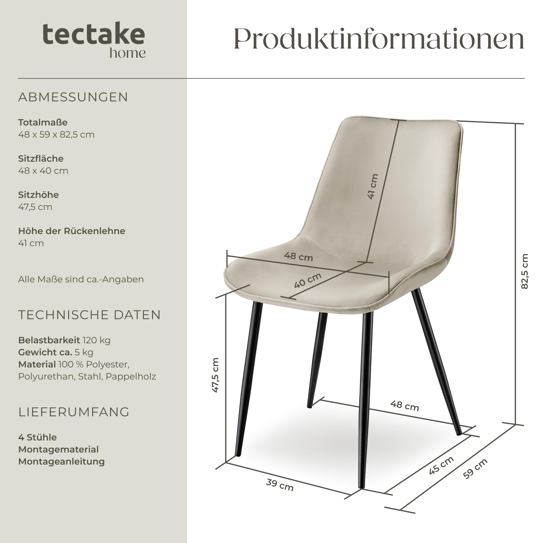tectake® Esszimmerstühle 4er Set, Samtstoff Stuhl mit Rückenlehne, ergonomische Essstühle, bequemer Küchenstuhl, Esszimmerstuhl, Cocktailsessel für Lounge, Dining, Küchentisch - Creme