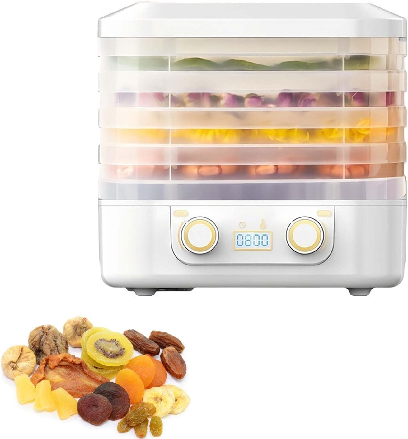 2025 Upgraded Food Dehydrator with 5 Trays - Digital Timer & Adjustable Temperature Control, Ideal for Fruits, Meat, Vegetables, Candy & Snacks (White)