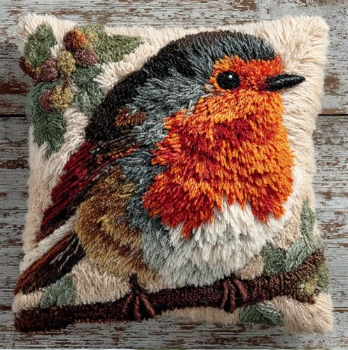 Taxpy Latch Hook Kits DIY Throw Pillow Cover Robin Bird Latch Hook Sofa Cushion Cover Embroidery Craft Kit for Adults and Beginners Pattern Printed Canvas Creativity Crochet Gift 17X17 Inch
