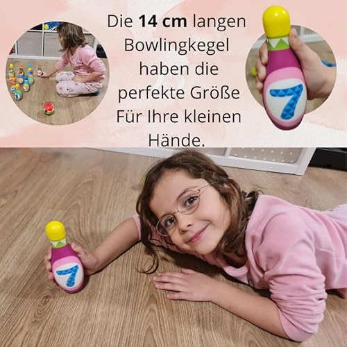 MandA® Bowling Set Kinder - kegelspiel inklusive Tragetasche - Kinderspiele - Geschenk 2-6 Jahren. Enthält 10 14,5 cm. Bowlingkegel und 2 Schaumstoffbälle.
