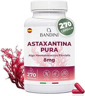 Bandini® Astaxantina pura 270 cápsulas | Oleorresina rica en astaxantina del microalga Haematococcus pluvialis | Potente Antioxidante Natural 8 Mg por dosis diaria | Sin OMG | Suministro para 9 meses