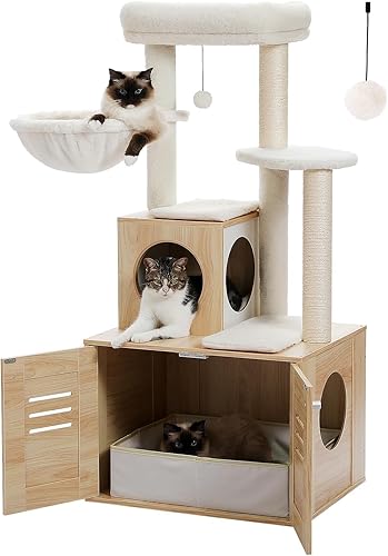 Árbol para gatos con caja de arena, árbol moderno de 50 pulgadas para gatos grandes y gordos con condominio para gatos, muebles de madera para gatos