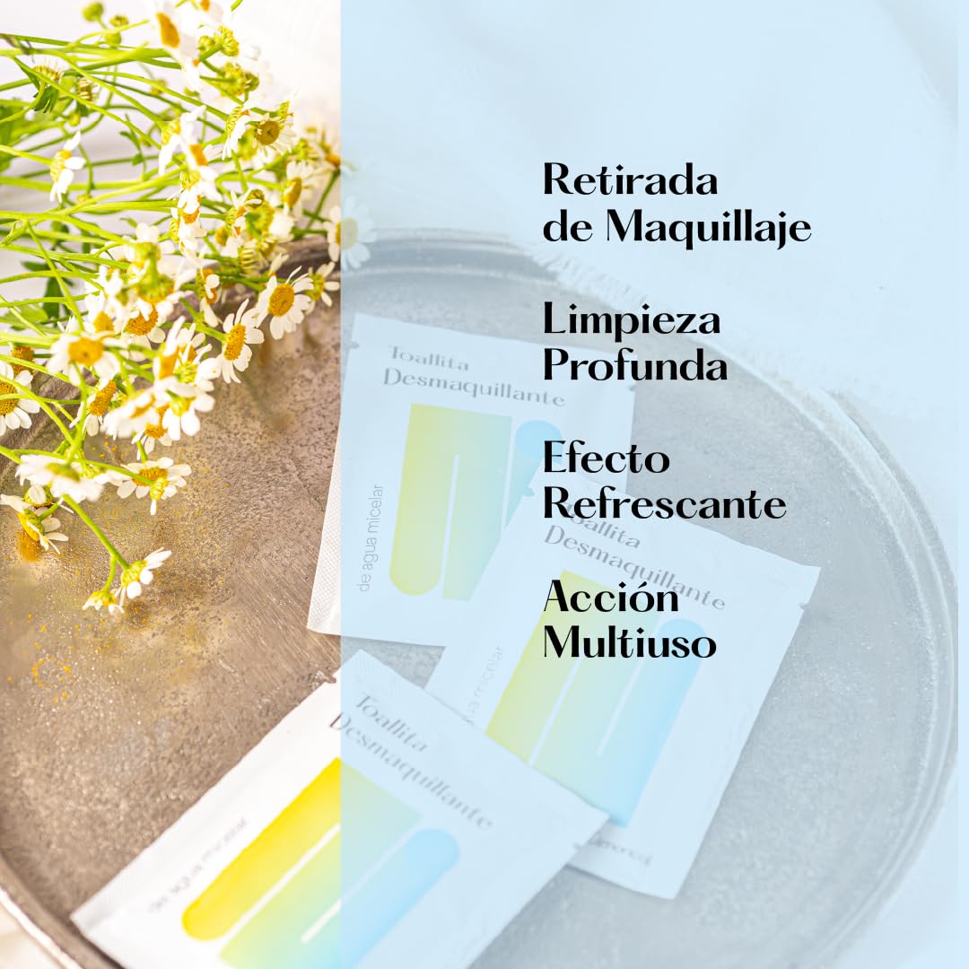 Salviette struccanti con acqua micellare per viso e collo, monodose singola senza risciacquo, 100% viscosa, biodegradabile, pulizia del viso e rimozione del trucco, 50 pezzi