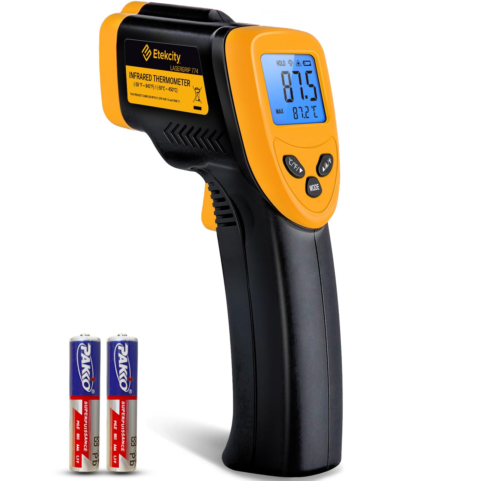 Etekcity Infrarot-Thermometer, Temperaturmessgerät -50°C bis +450°C - digital Laser Infrarot Thermometer für Küche, Pizzaofen, Grill, Backen - Nicht für Menschen - Gelb/Schwarz