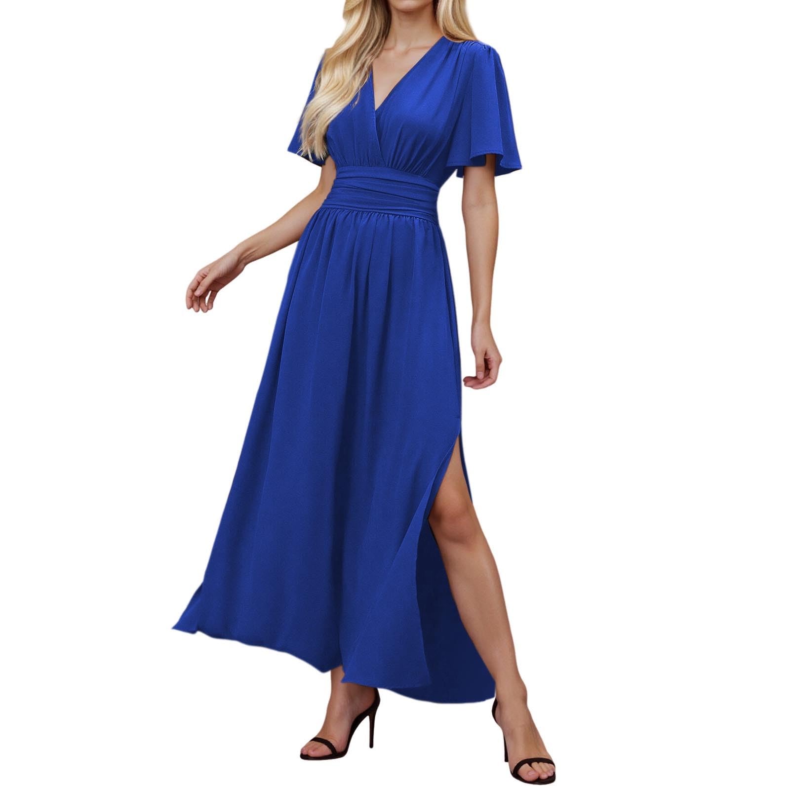 2026 Robe d'été élégante pour femme avec col en V et taille longue avec manches plissées, fente latérale et volants pour soirée mariage