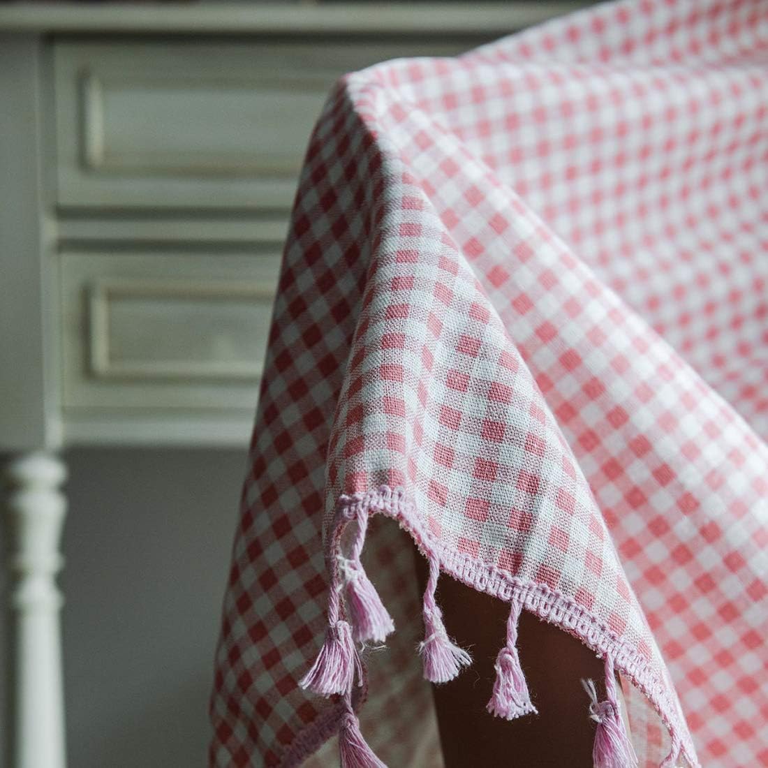 vctops Farmhouse Cotton Linen Buffalo Plaid Window Curtain Panel with Pink Tassels Boho Gingham/Check Pattern Room Darkening Curtain Panel, 1 Piece (59"x87",Pink)