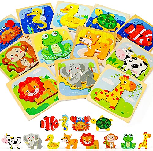 Toy Life 12 Pack Wooden Puzzles For Toddlers 1-3- Animal Shape Puzzles Montessori Toy For Toddler- Baby Puzzles Early Development And Activity Toys Learning Educational Preschool Toy Gifts For Toddler #TOP14