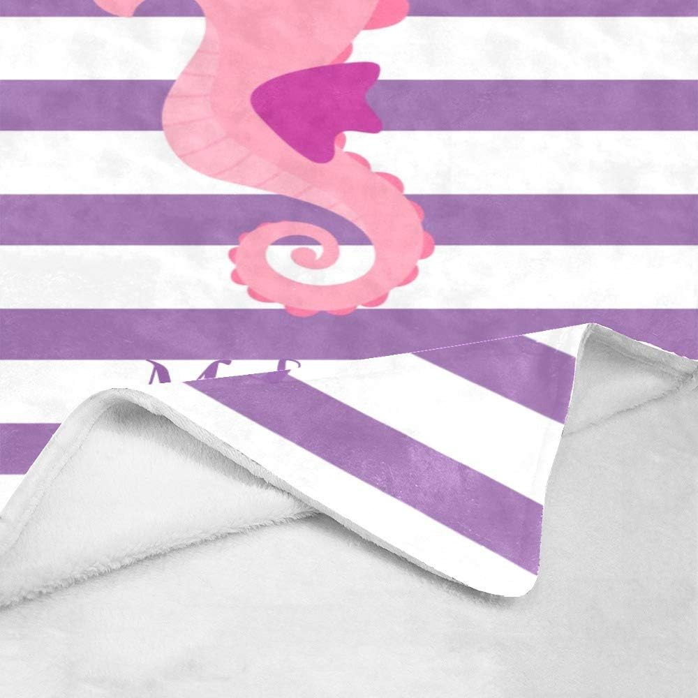 Cute Seahorse with Purple Striped Personalized Receiving Baby Blankets for Girls Boys Kids with Name,Customized Swaddle Blankets Gift for Newborn Crib Infants 30x40 Inches
