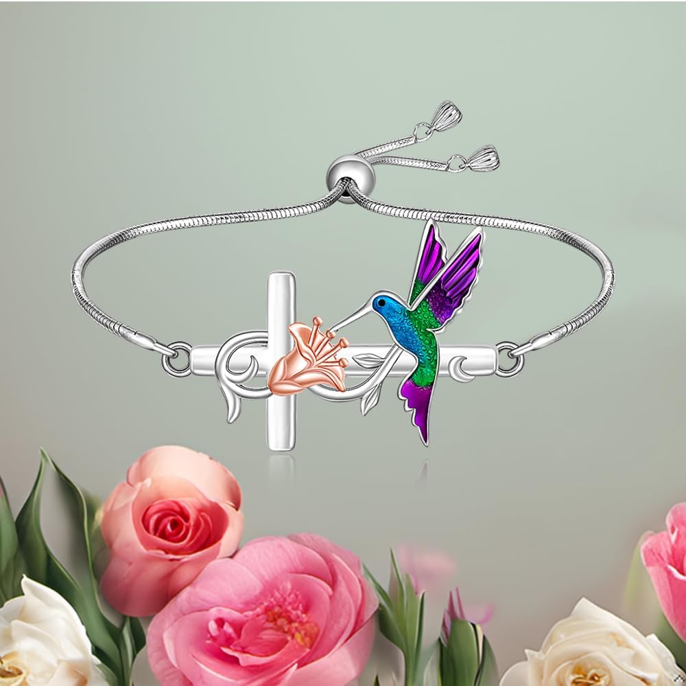 Fenthring Cross Hummingbird Bracelet Sterling Silver Bracelets for Women Adjustable Bird Flower Blue Purple Hummingbirds Gifts - Image 7