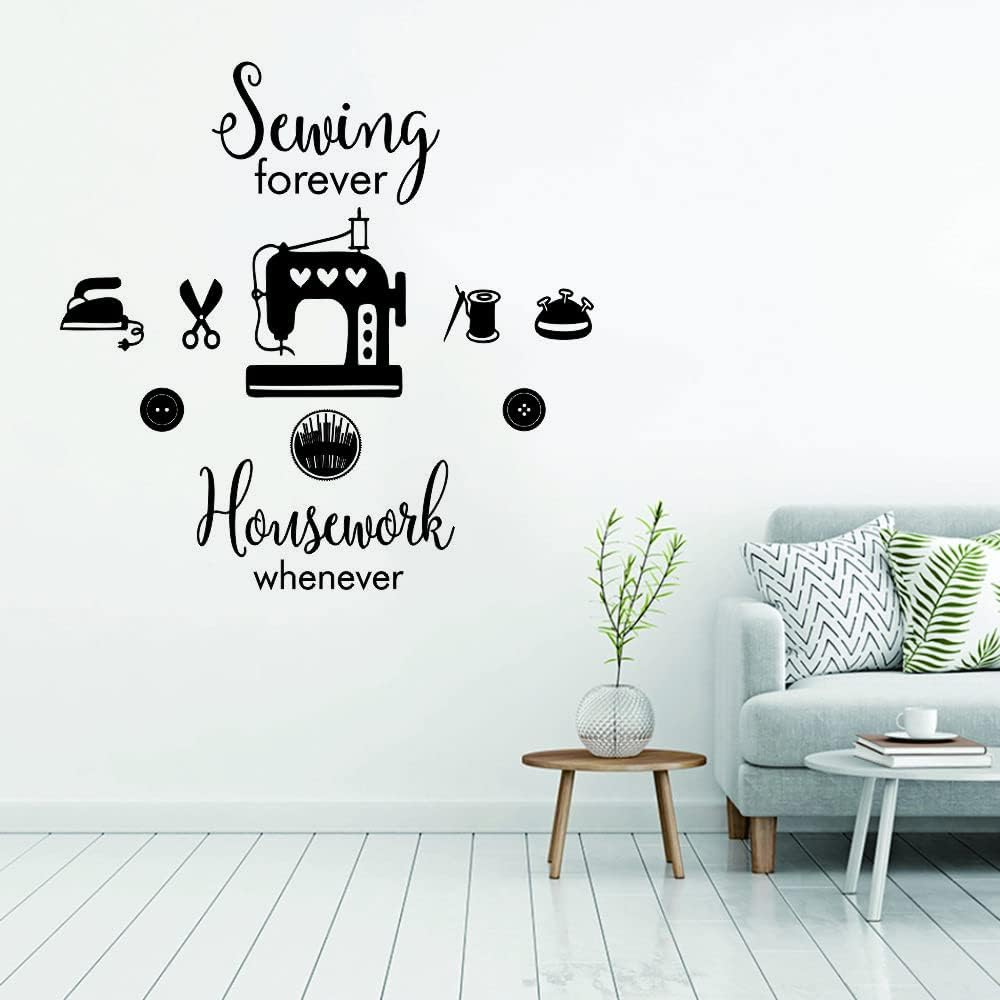 Funny Sewing Wall Sticker - Sewing Forever, Housework Whenever Quote Vinyl Decal with Machine & Scissors - Removable Wall Art for Craft Lovers and Tailors - 25"x36"(JWH262-Sewing)