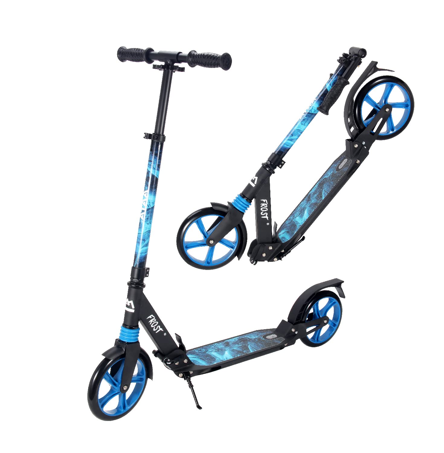 Trottinette Urbaine Pliable réglable à 3 hauteurs, Trottinette avec Grandes Roues, suspensions Avant et arrière, béquille et Sangle de Transport