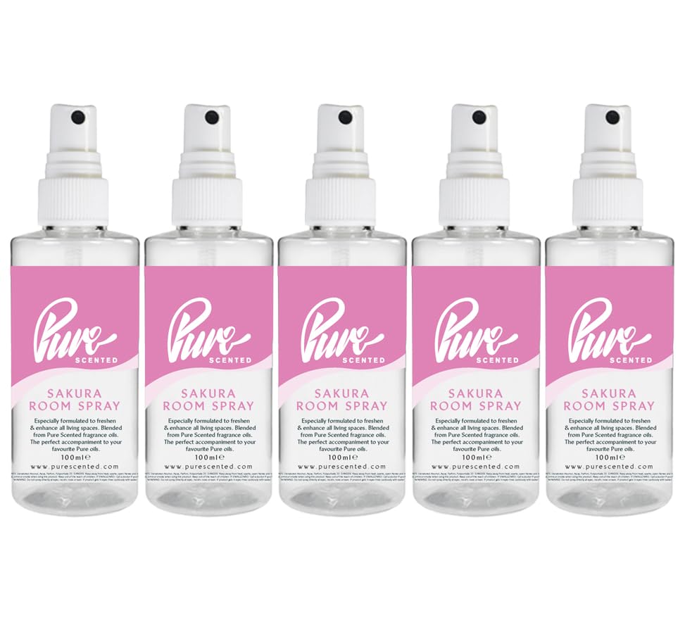"Pure Scented 500ml Room & Fabric Sprays 5 x 100ml Suitable For Home, Car, Caravan, Work, Gym Bags, Odour Eliminators (5 x 100ml, Sakura)"