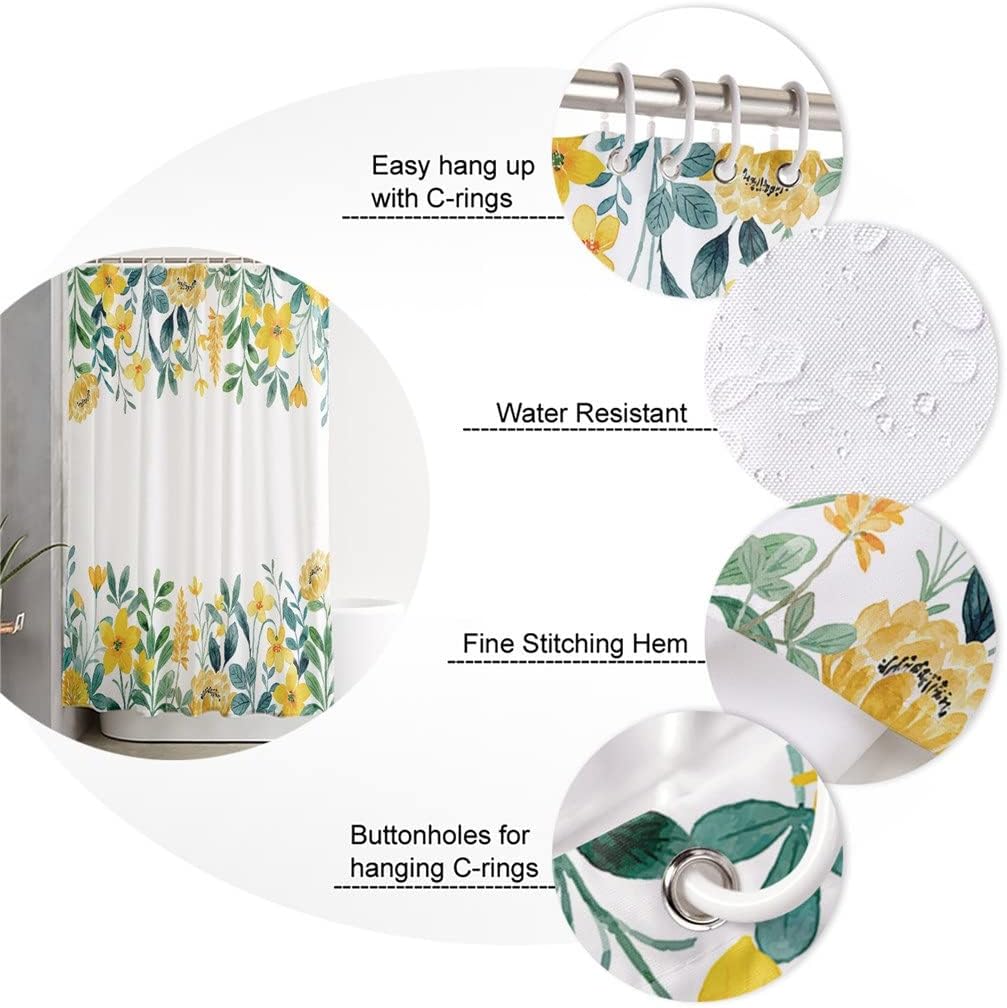 Spring Yellow Flower Watercolor Shower Curtains Waterproof Polyester Bath Curtain Bathroom Decor(183x183cm)