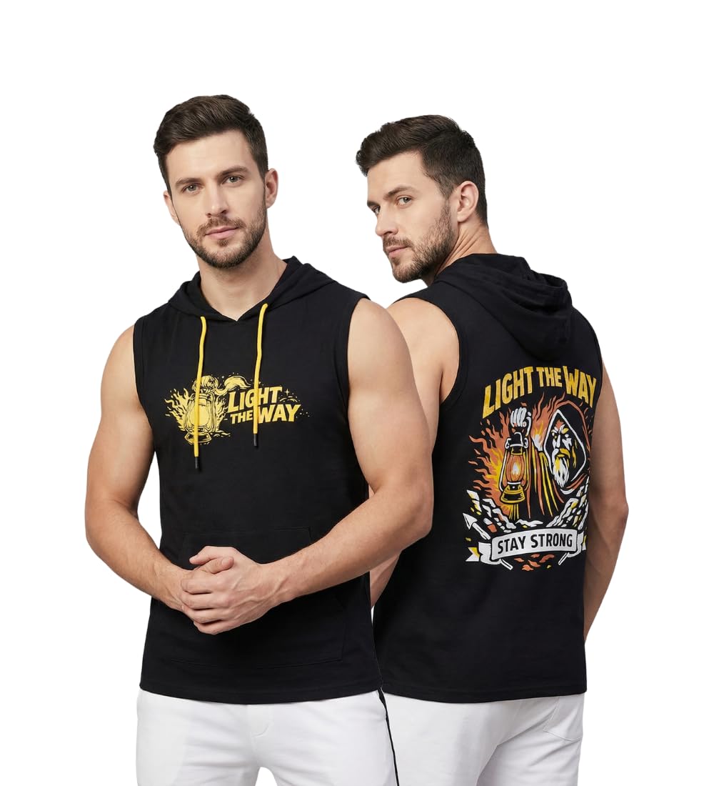 looks united Trendy Cotton Blend Kangaroo Pockets Graphic Printed Sleeveless Hooded Vest for Men's-picture-38