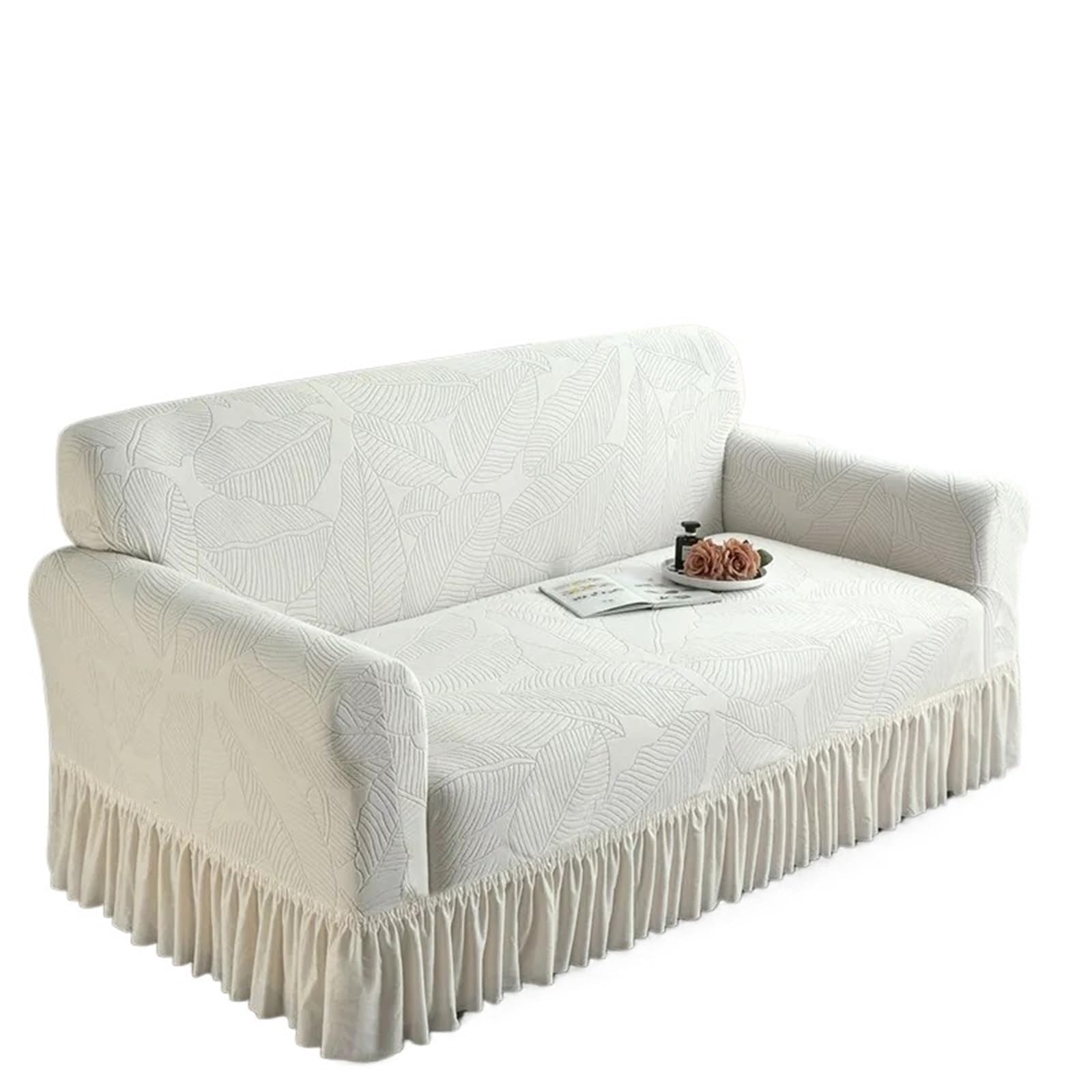 Housse de canapé jacquard beige à volants 1 place 90-140cm