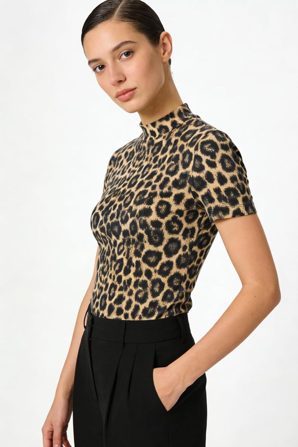 Women Mock Neck Tops Short Sleeve Cheetah Leopard Print Slim Fit Stretchy T-Shirt Undershirt Basic - Image 5