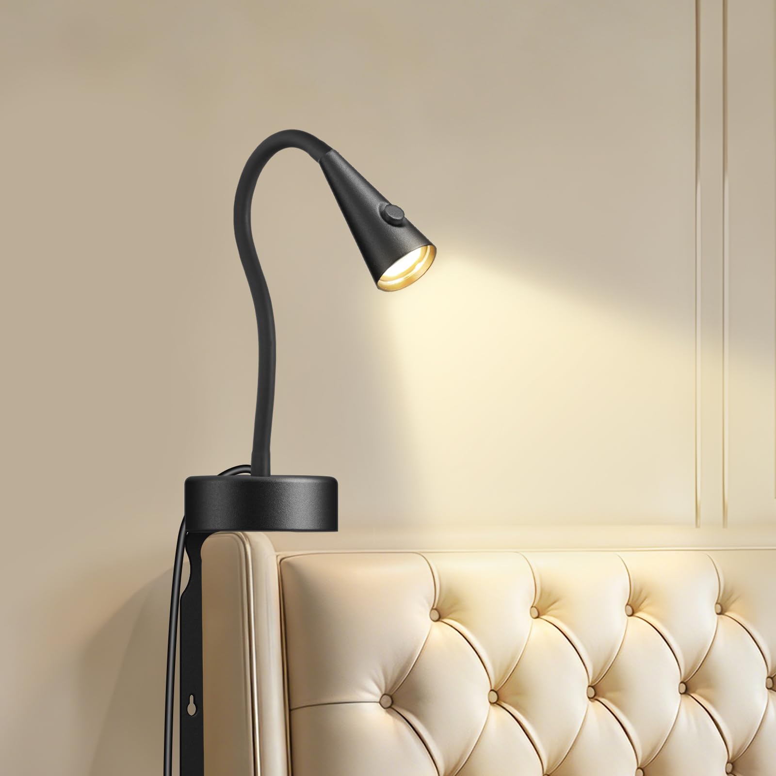 LED Leselampe Bett ohne Bohren, Einschub Wandleuchte für Kopfteil, Dimmbar & Farbtemperatur Einstellbar, Wandlampe mit 360° Schwanenhals, Flexible Nachttischlampe Schwarz mit Schalter