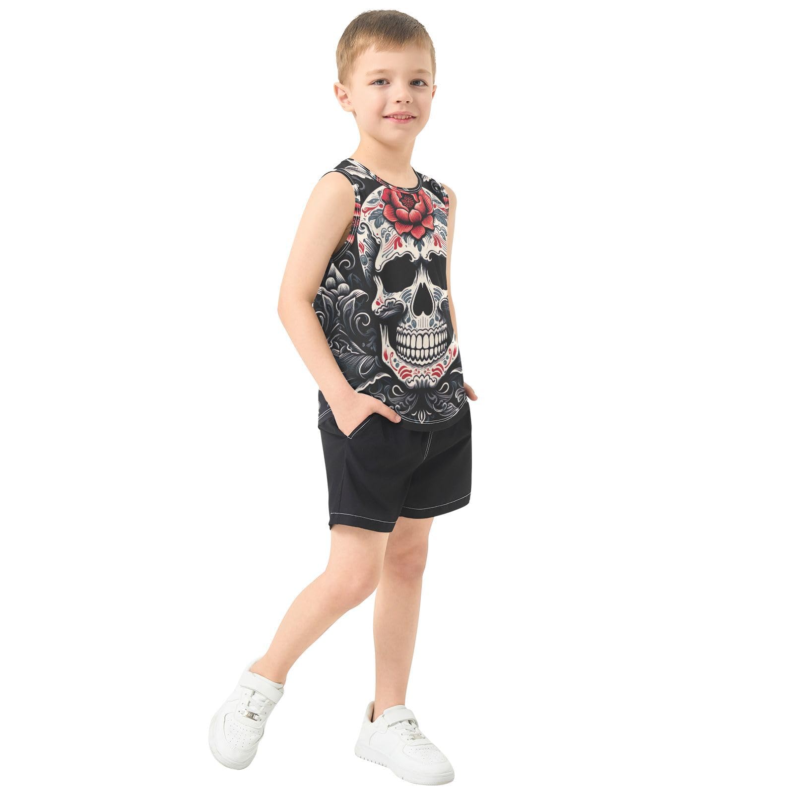 Canotte senza maniche scure con teschio bianco per ragazzo, canottiere traspiranti sportive per bambini