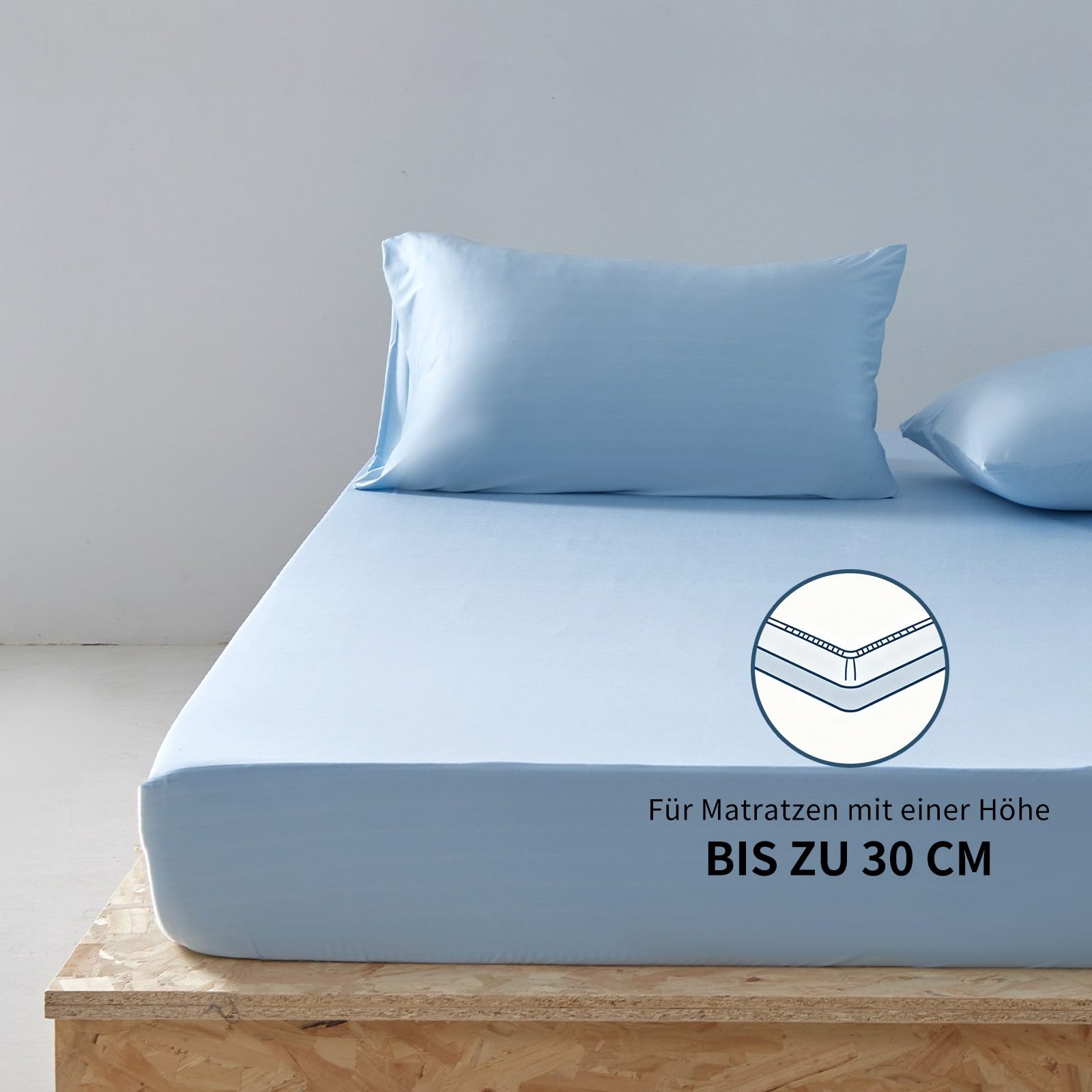 Lenzuolo con angoli elasticizzati estivi in raso, 160 x 200 cm, blu chiaro, 90% nylon + 10% elastan, Q-Max > 0,4, lenzuolo elastico fino a 30 cm di altezza, per sudorazione notturna e per dormire