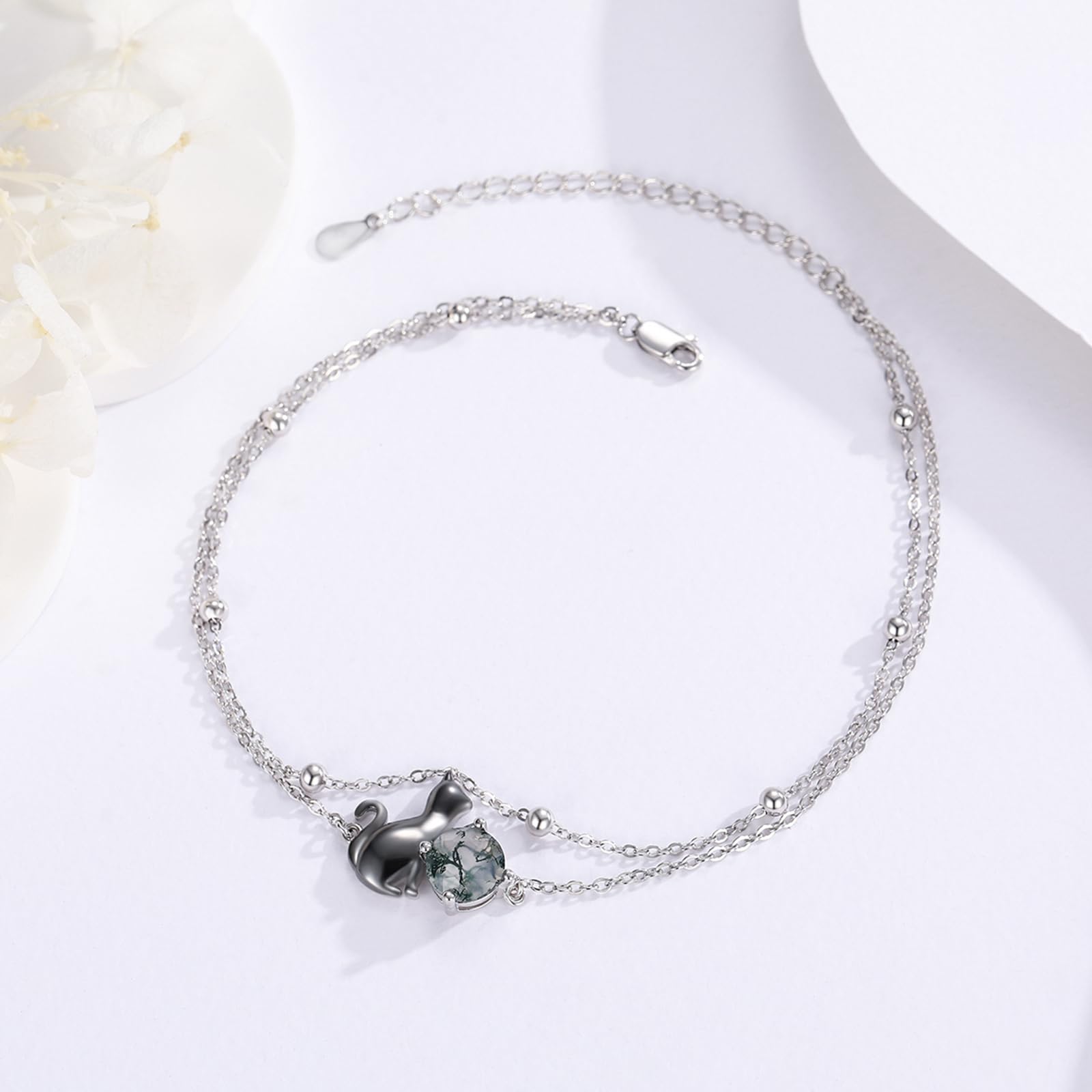 Cavigliera da donna in argento Sterling 925, con gatto nero, agata muschiata, cavigliera alla moda, regalo per gli amanti dei gatti
