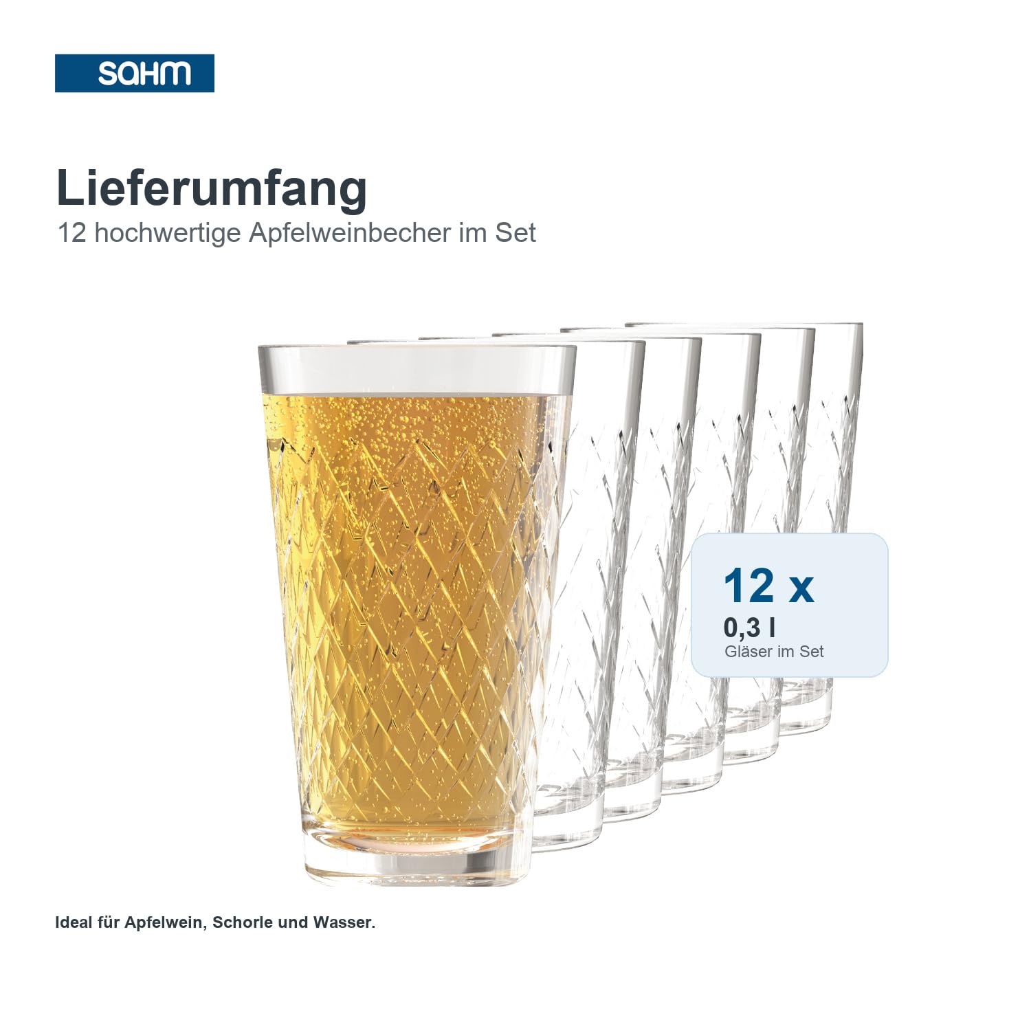 Sahm Apfelweingläser 0,3 l - 12 Apfelweingläser gerippt - Tolles Apfelwein Geschenk - Ideal auch als kleine Wassergläser