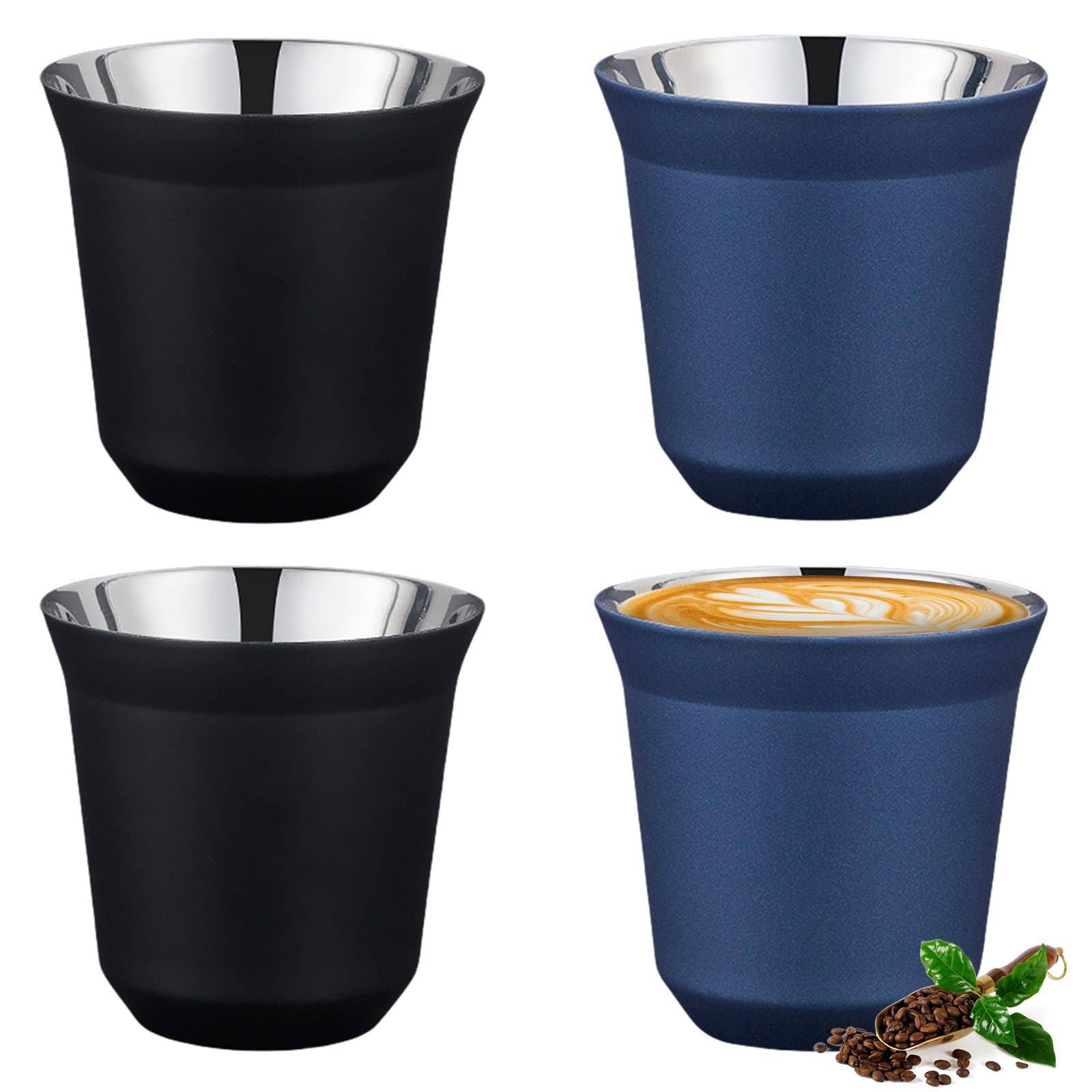Zestaw 4 filiżanek do espresso ze stali nierdzewnej, 80 ml, 2 kolory do espresso, filiżanki do espresso, filiżanki do espresso, filiżanki do espresso, małe filiżanki do espresso, do użytku na