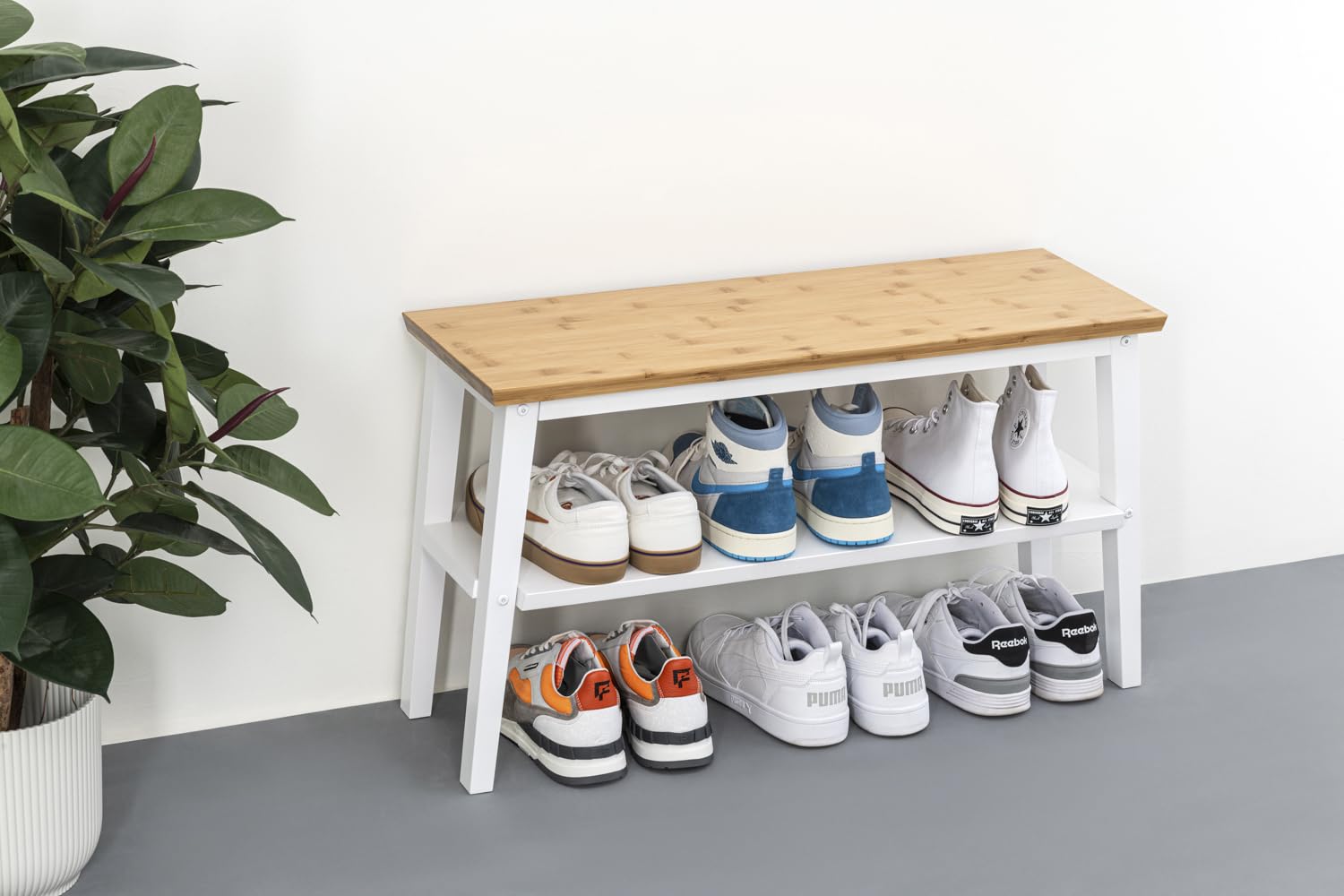 Bambus Schuhregal- Elegante Schuhbank Lagerung- Geräumige Dual Regal Flur Schuh Lagerung Bank mit Sitz für Wohnräume, Eingang, Schlafzimmer- Glatte weiße hölzerne Schuhregal 2 Tier