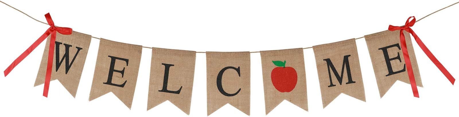 Welcome Banner KAKOO Rustic Burlap Bunting Rustic Pennant Garland Swallowtail Flag for Home Classroom Decoration Photo Booth Props Party Supplies