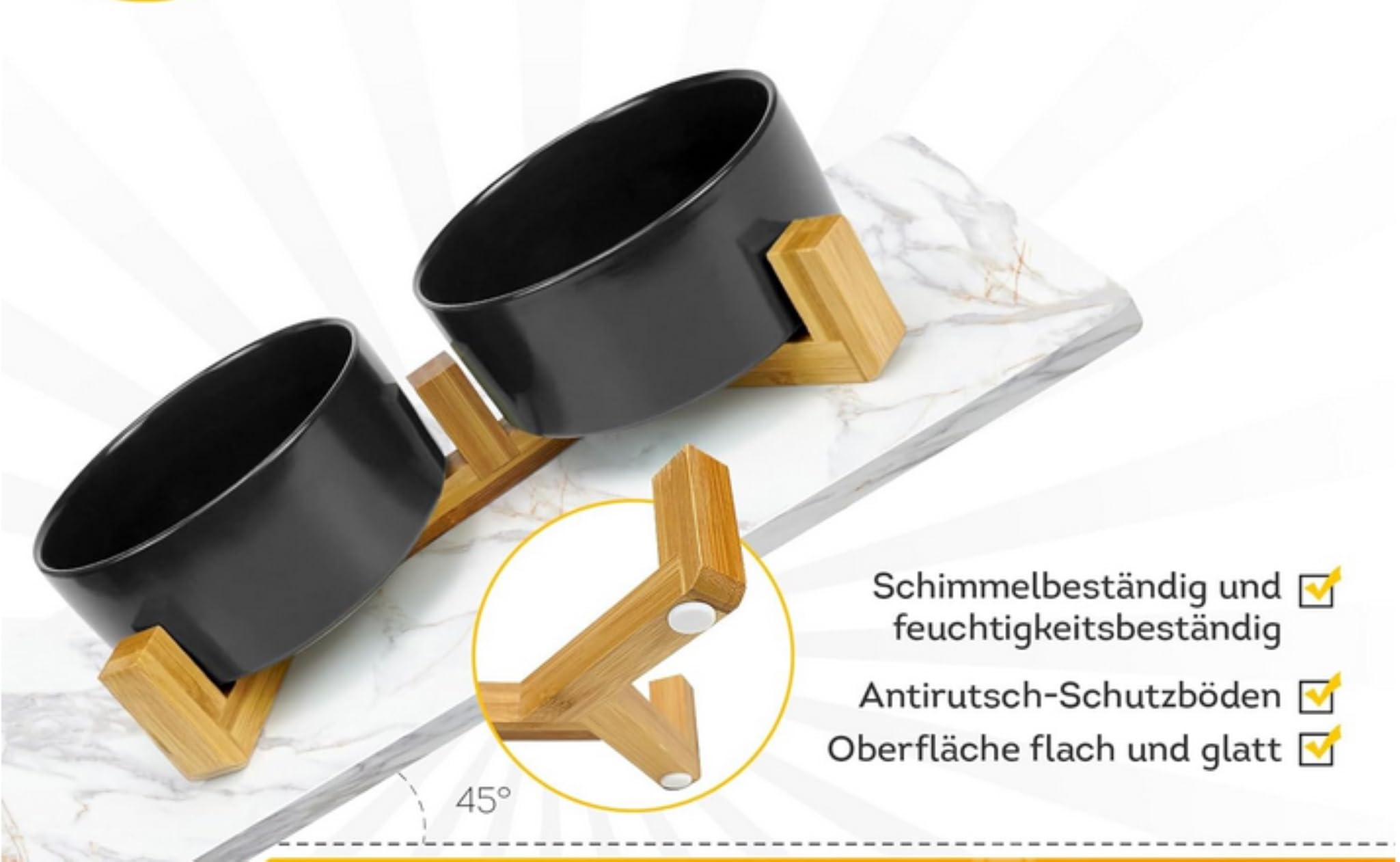 2 comederos de cerámica para perros con soporte de madera de bambú, antideslizante, comedero doble, 600 ml, para gatos y perros, cerámica, apto para lavavajillas, color negro