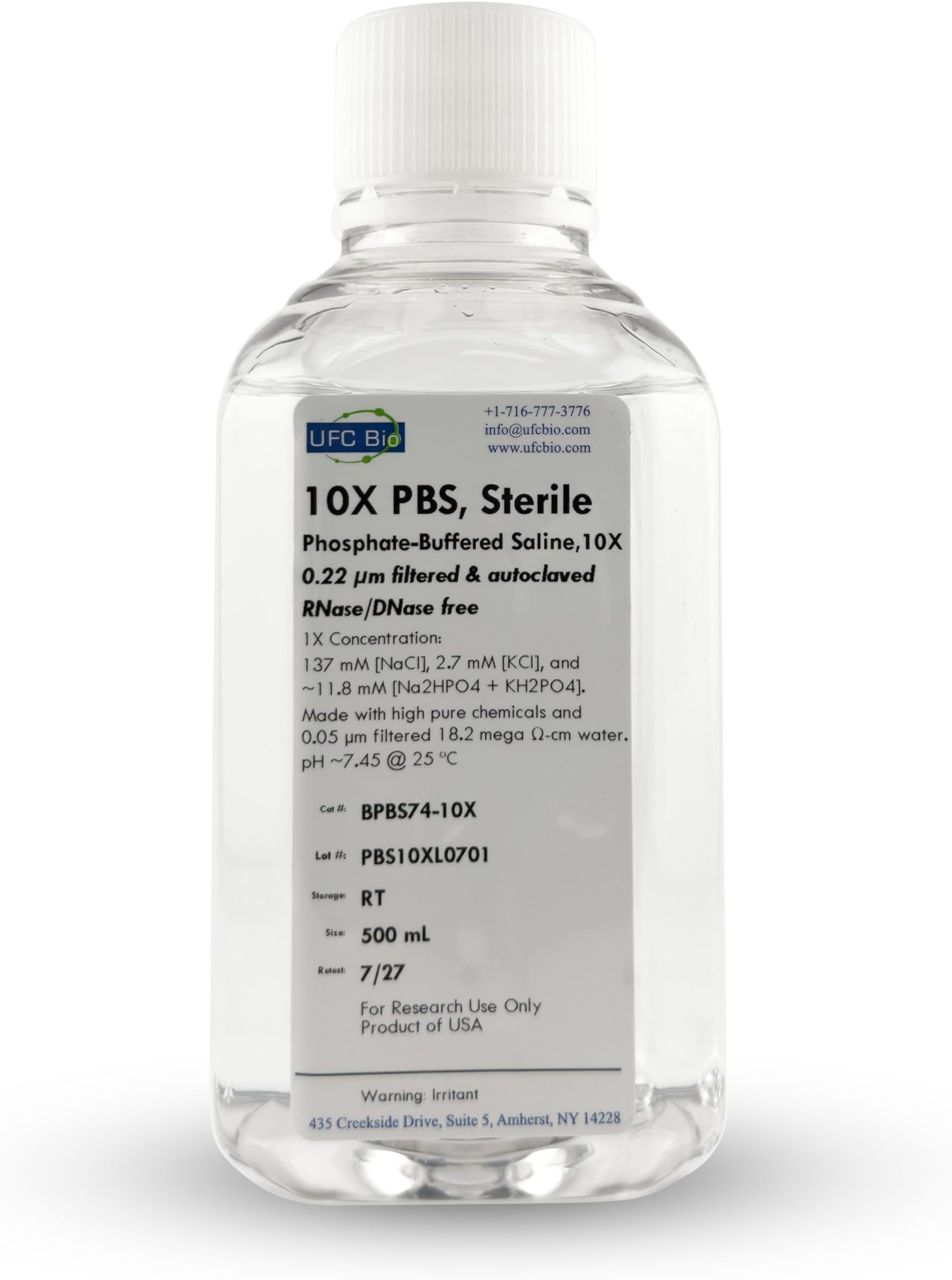 10X PBS (Phosphate Buffered Saline), pH 7.4 - Molecular Biology Grade - RNase/DNase Free, Sterile, 0.22um Filtered - 500 mL