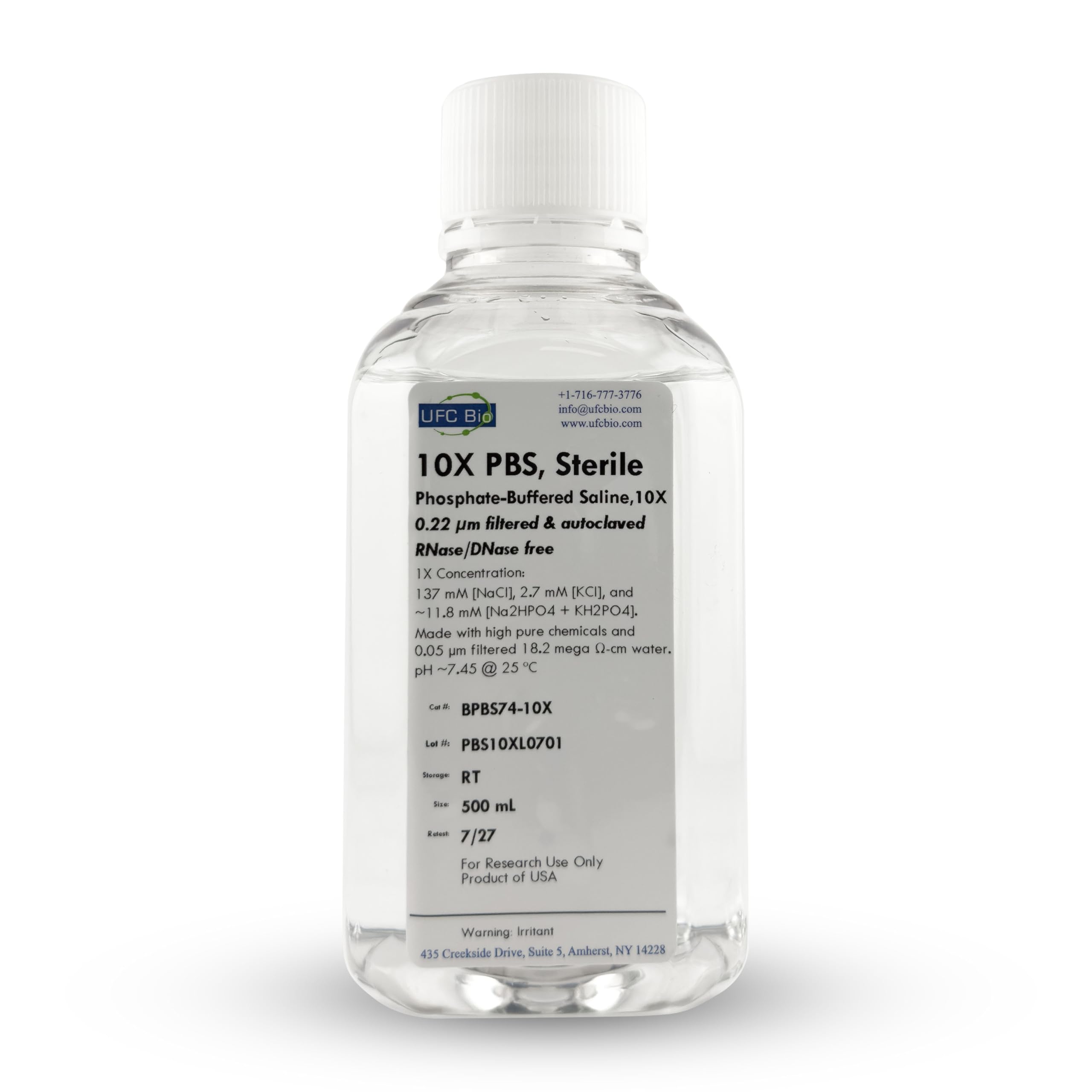 10X PBS (Phosphate Buffered Saline), pH 7.4 - Molecular Biology Grade - RNase/DNase Free, Sterile, 0.22um Filtered - 500 mL