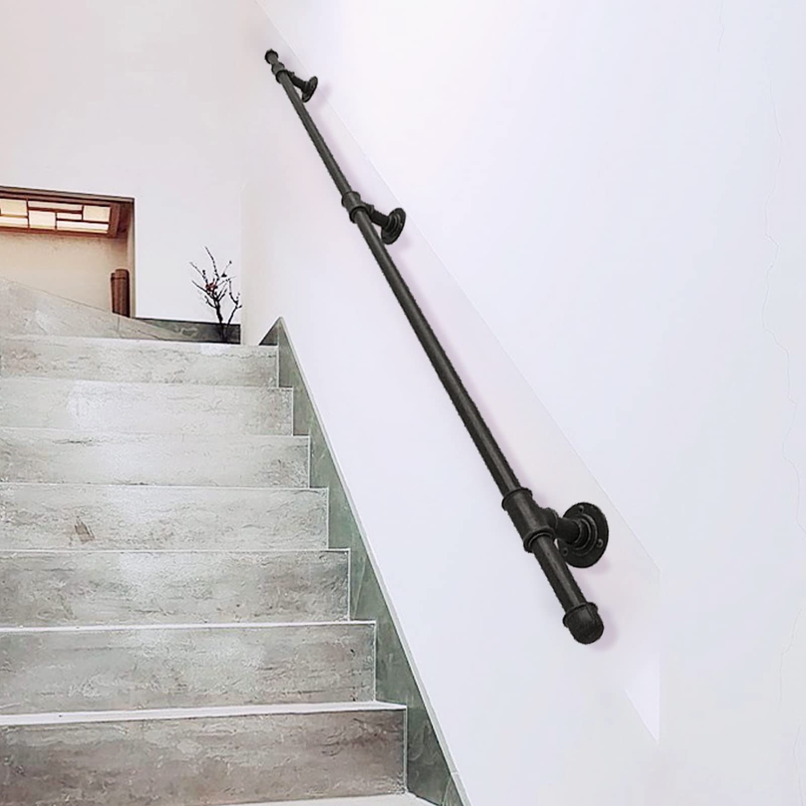 Gyeqxkt Women's Black Metal Handrail For Stairs Outdoor Step Wall Mount Banister Hand Rail Safety Grab Bar Indoor And Outdoor Railing With Wrought Iron Brackets 15Ft/450Cm