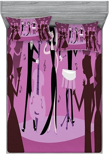 Ambesonne Mid Century 2 Pack Fitted Sheet & Pillow Sham Set, Modern Jazz Club Scene, 4 Pcs Bedding Decor, Package Contains 2 King Size Fitted Sheets