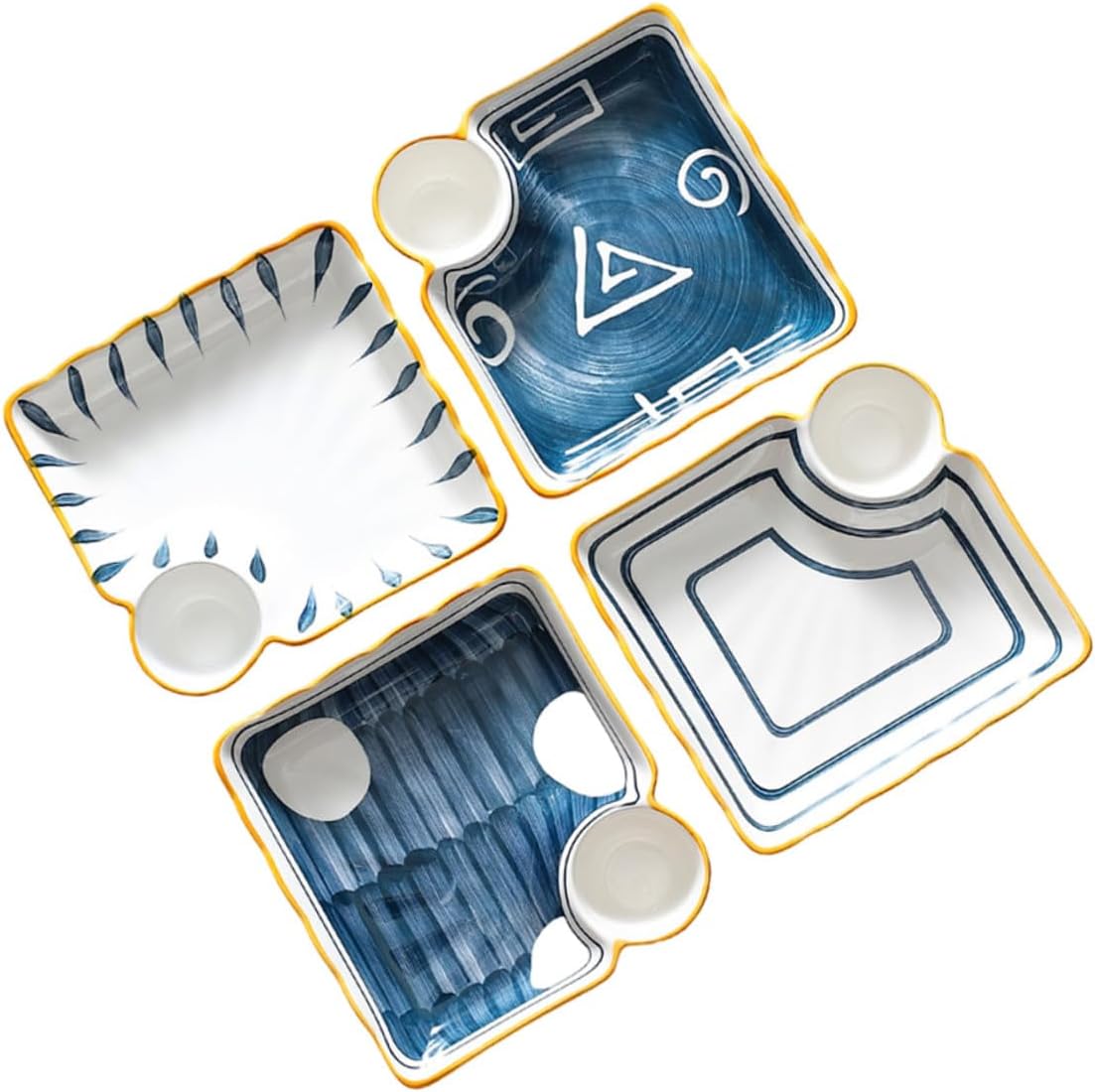4 Pcs Ceramic Sushi Plates and Dumpling Trays with Square Divider, Japanese Style Breakfast and Dipping Sauce Serving Set for Home Kitchen Random Color