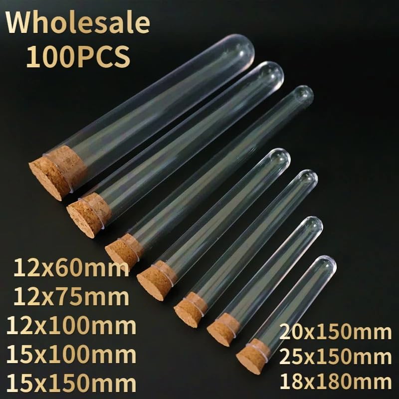 100Pcs Plastic Test Tubes with Corks Dia 12mm to 25mm Transparent Party Candy Bottle with Round Bottom,Wedding Gift Vial(12X100mm)