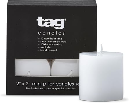 TAG Chapel Mini Pillar 2x2 White Candles Set of 4 Unscented Paraffin Wax Drip-Free Long Burning 12 Hours for Home Decor Wedding Parties 2x2 White