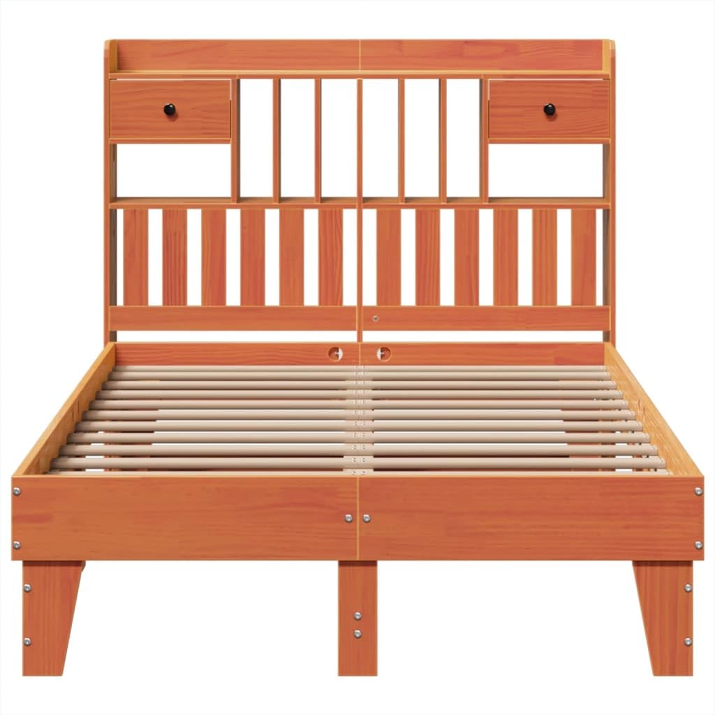 Massivholzbett 135x190 cm, Kiefernholz Wachsbraun, mit Stauraum, Lattenrost, Kopfteil, Bettrahmen für Schlafzimmer Möbel, Platform Bettgestell, stabil