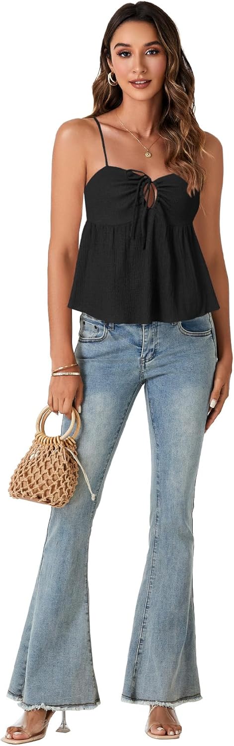 LYANER Women's Spaghetti Strap Sweetheart Neck Cami Crop Tops Tie Front Camisole Sleeveless Peplum Top - Image 6