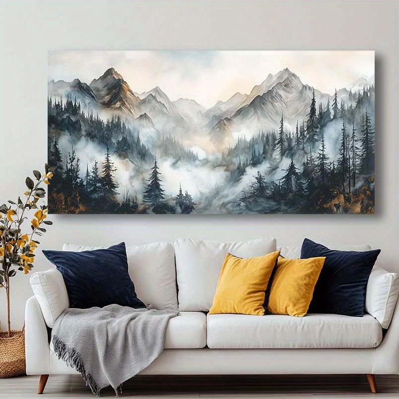 Tableau paysage montagnes brumeuses pour habiller un grand mur vide sans cadre