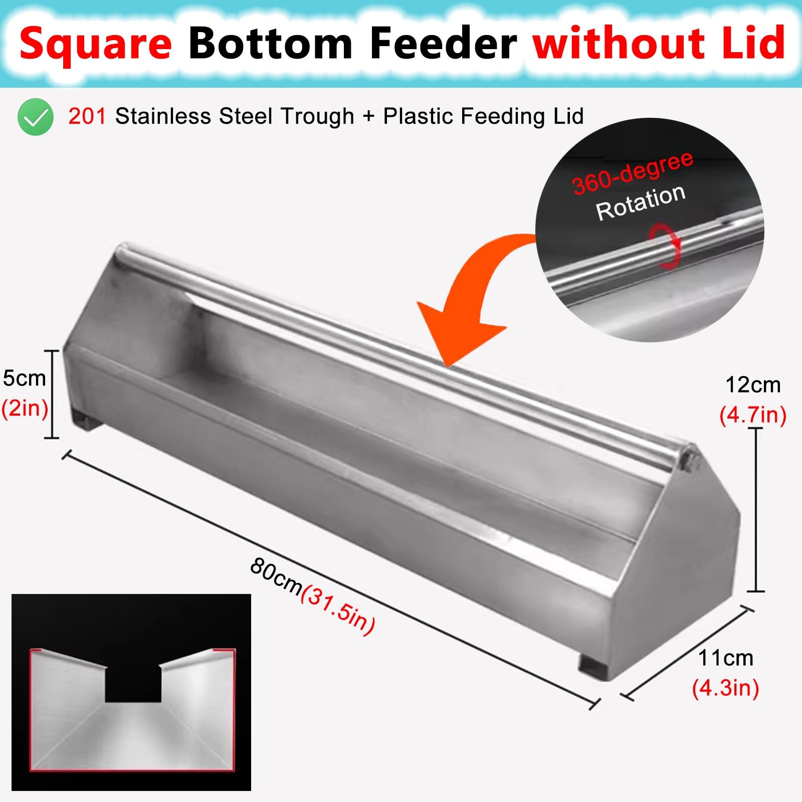 mangiatoia per galline Mangiatoia per piccioni in acciaio inox con traversa girevole, da pavimento a doppia faccia per pollame pulcini anatre uccelli pappagalli(Square,L 80cm/31.5in)